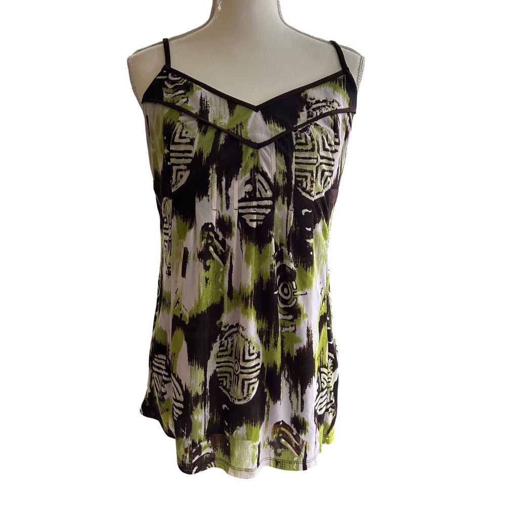 INC Y2K Abstract‎ Print Tank Top Brown Green Fairy Gauzy Lightweight Summer